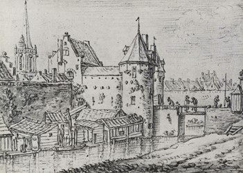 <p>Omstreeks 1670 gemaakte afbeelding van de Weerdpoort in Utrecht. De tekening laat net zoals in Zwolle een in de stadsmuur opgenomen poort met een rechthoekige plattegrond zien die met hoge barbacanemuren verbonden is met een buitenpoort. </p>
